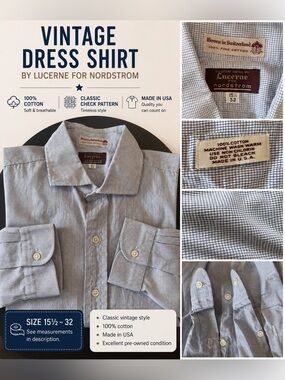 Vintage Lucerne for Nordstrom 100% Cotton Dress Shirt Blue Micro Check Y2K